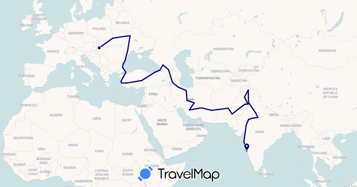 TravelMap itinerary: driving in Bulgaria, Georgia, Hungary, India, Iran, Moldova, Pakistan, Romania, Turkey, Ukraine (Asia, Europe)